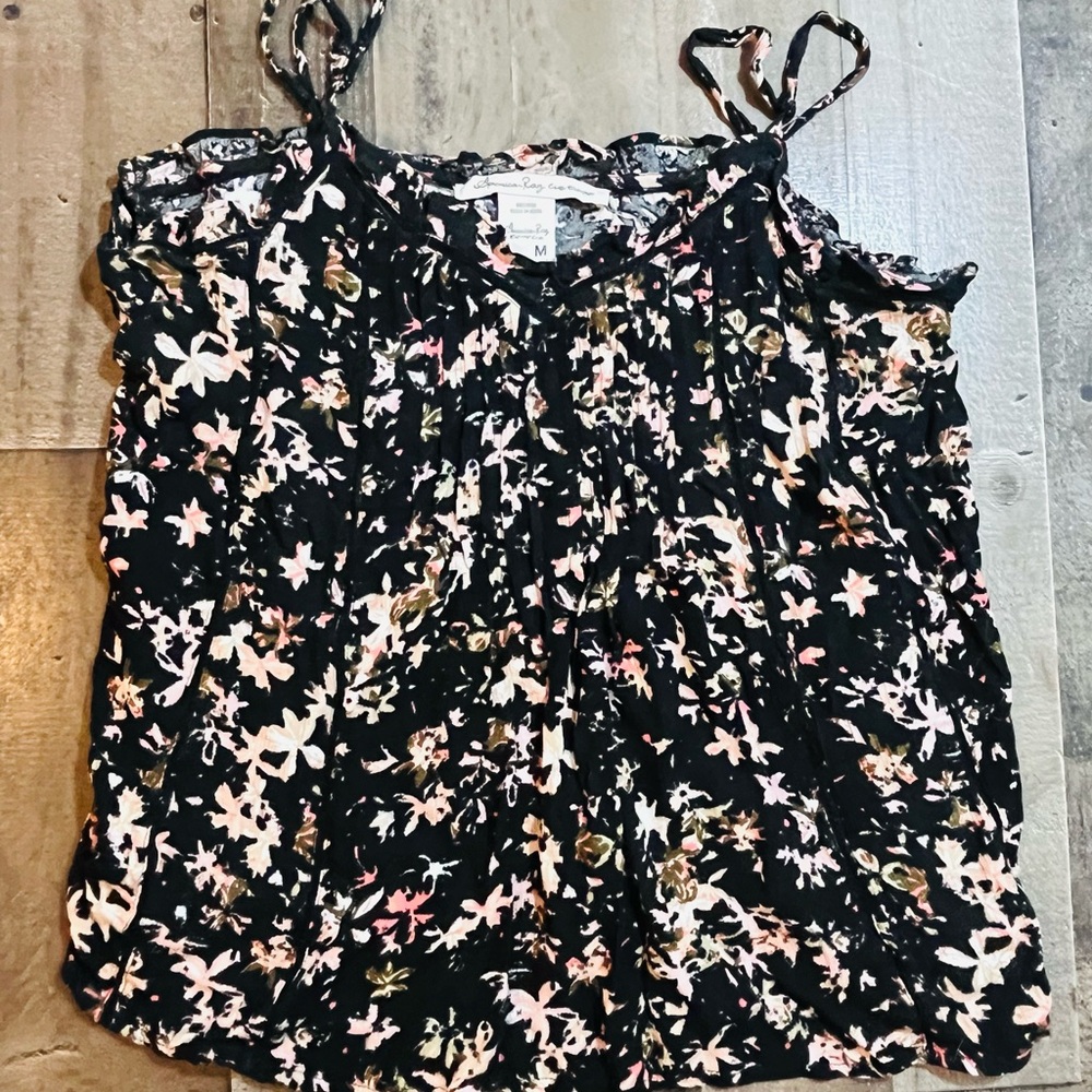 American Rag Black and White Ruffled Tie Front Sleeveless Blouse